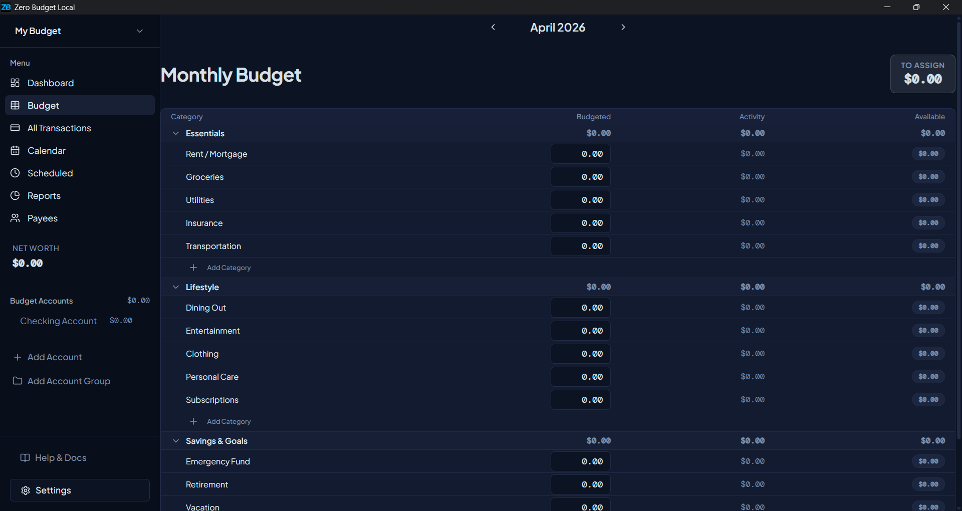 Zero Budget Local budget view