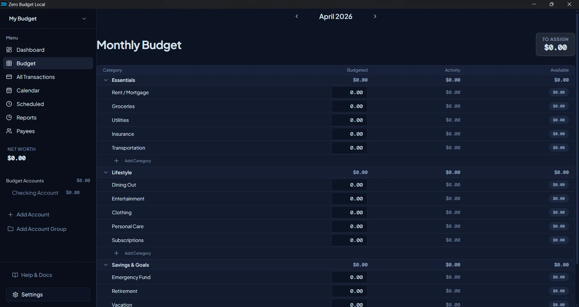 Zero Budget Local budget view