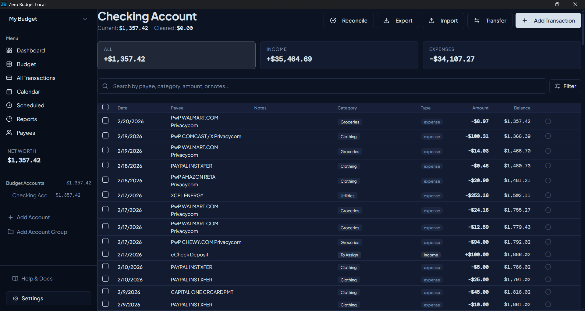 Zero Budget Local transaction view