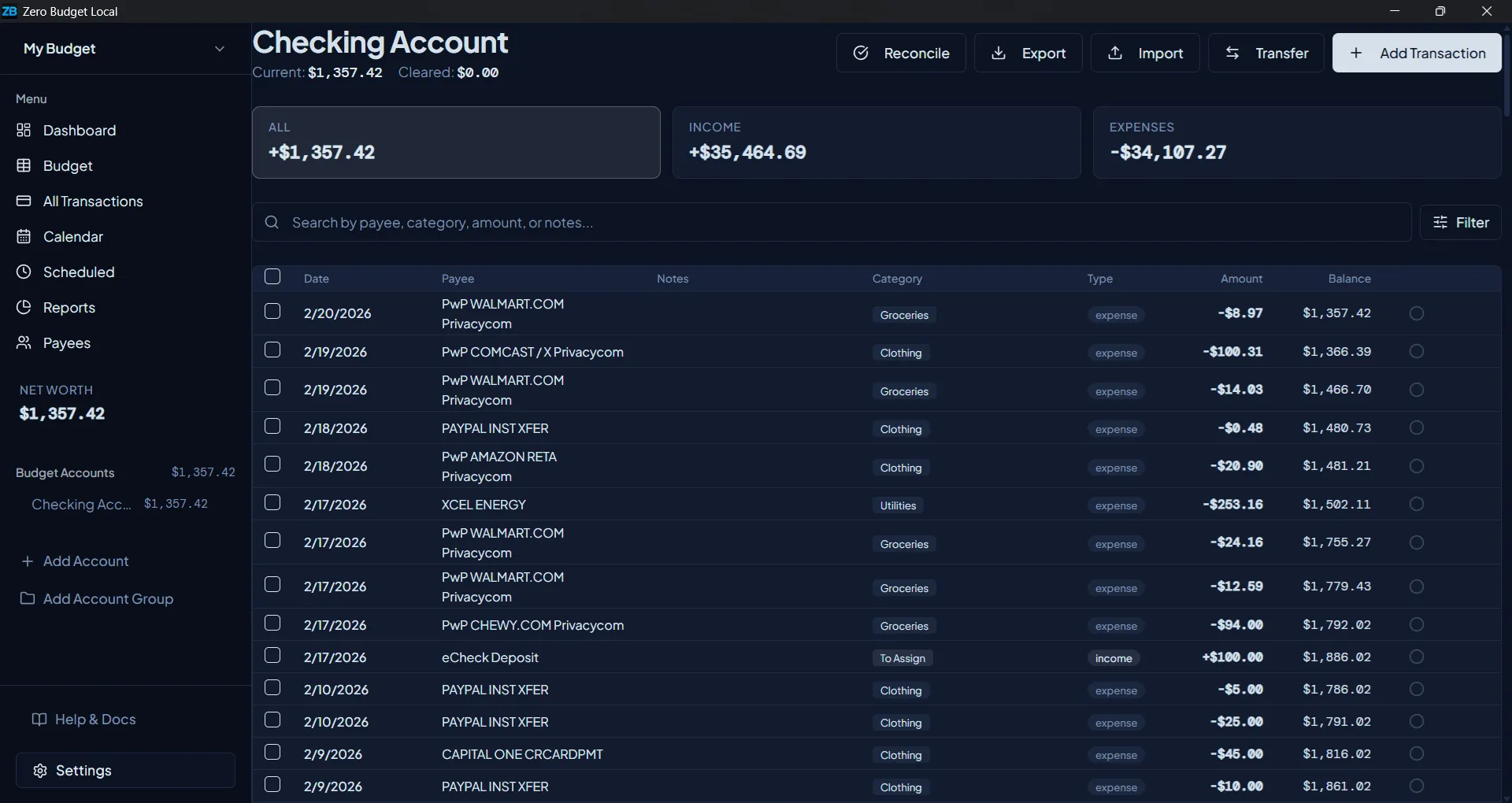 Zero Budget Local transaction view